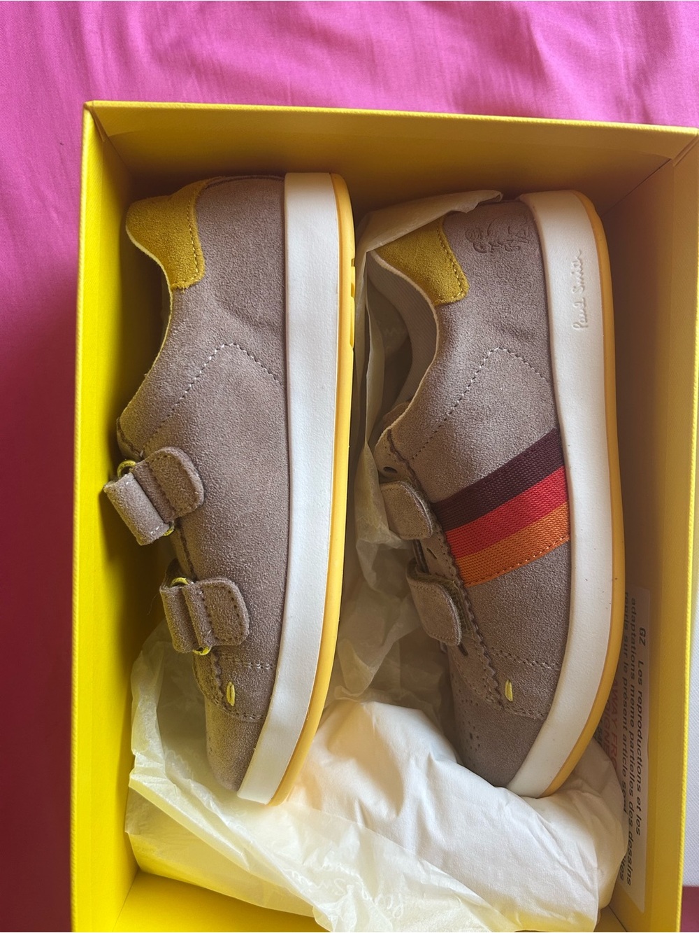 Paul Smith Taupe Suede Kids Sneakers with Red, Orange & Yellow Accents